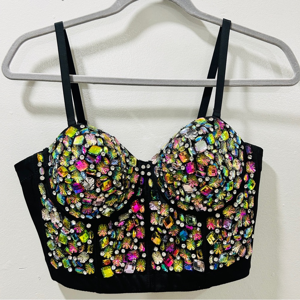 Rhinestone Embellished Bustier Crop Top Black Multi Color Gem Corset L